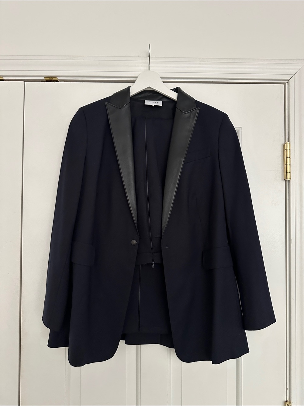 Akris Punto Wool Blend Tuxedo Suit Set Black Faux Leather Trim